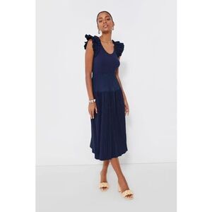 Ulla Johnson Women's Navy Crinkled Ruffle Sleeve Midi Dress Size 14 NWOT